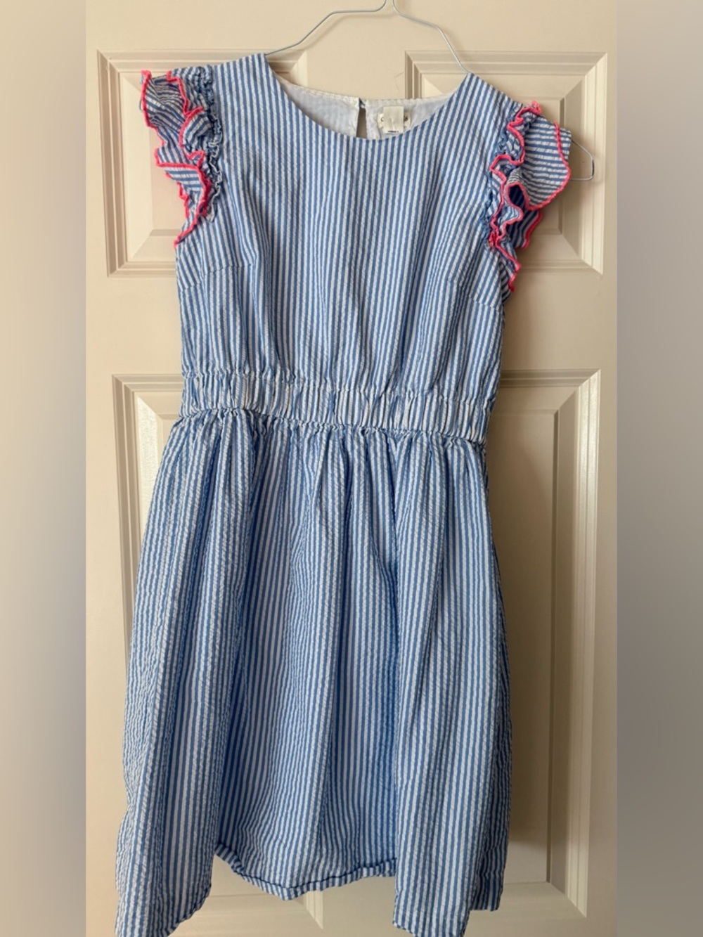 Crewcuts Blue & White Striped Seersucker Dress with Pink Trim